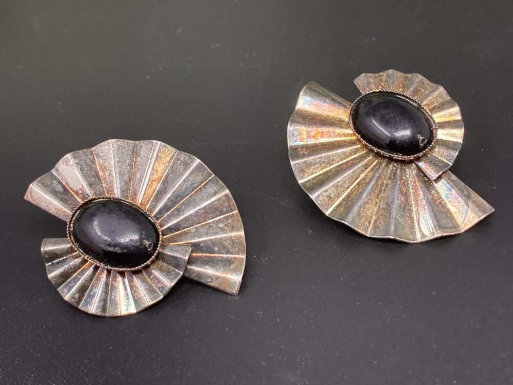 Vintage Silver Tone Black Cabochon Fan Earrings Modernist Art Deco Statement
